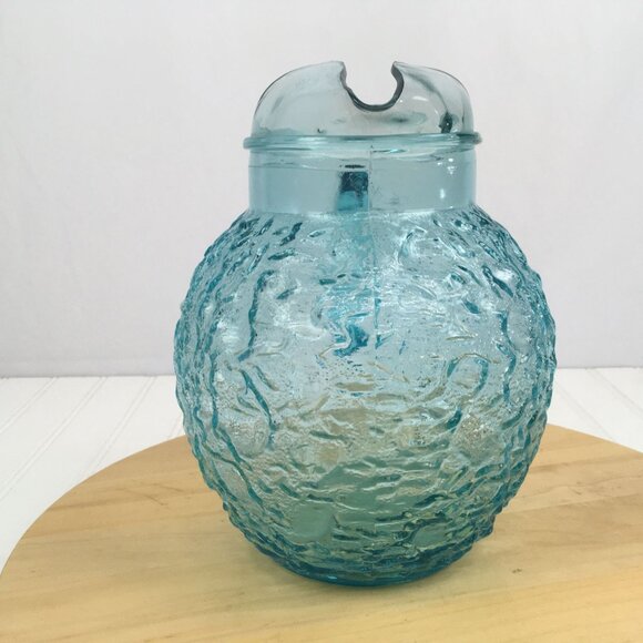 Anchor Hocking Lido Milano Aqua Blue Glass Ball Pitcher Ice Lip - Picture 2 of 7